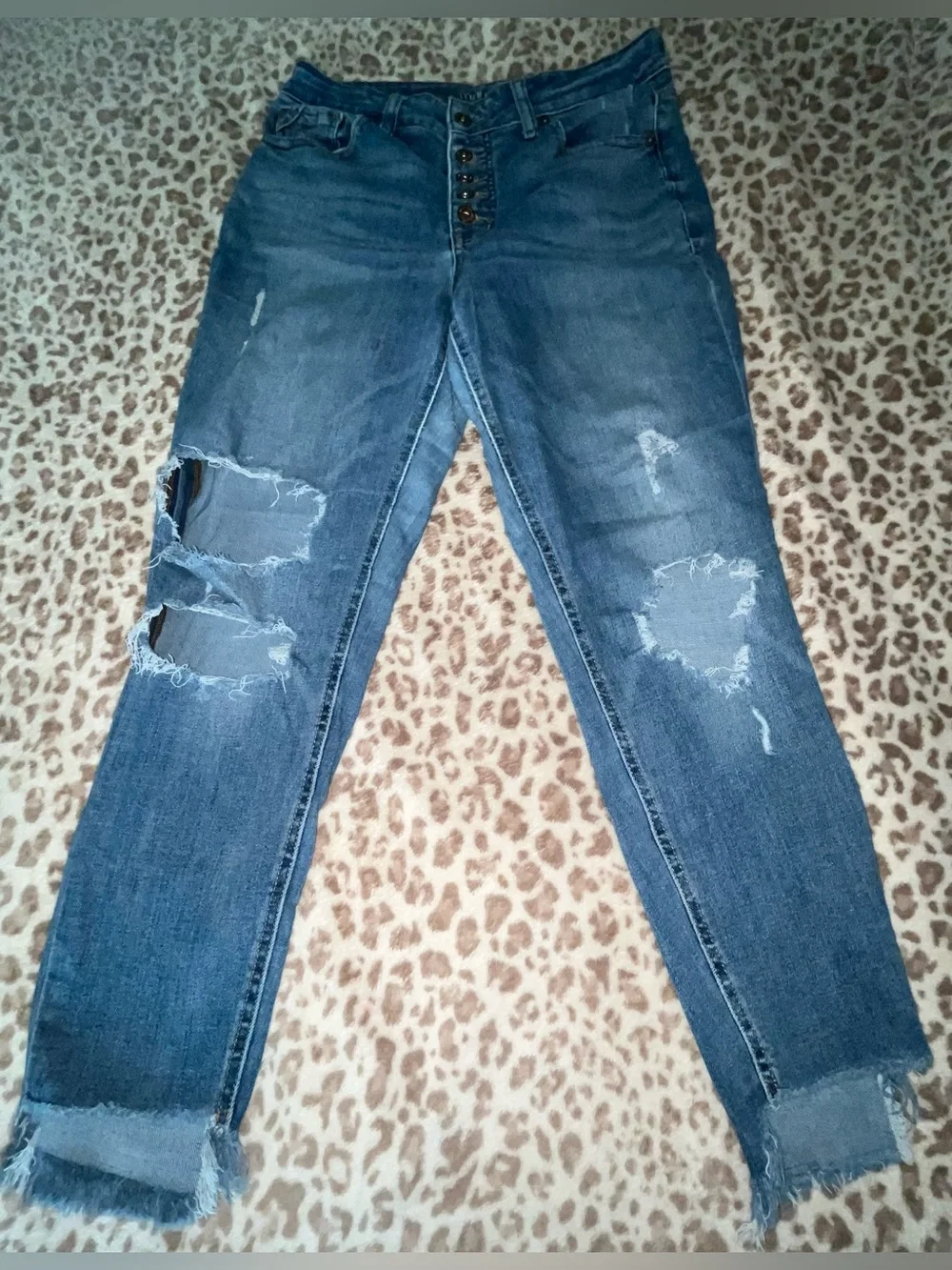 Maurices Distressed Mid-Blue High-Rise Skinny Jeans with Multi Button-Fly